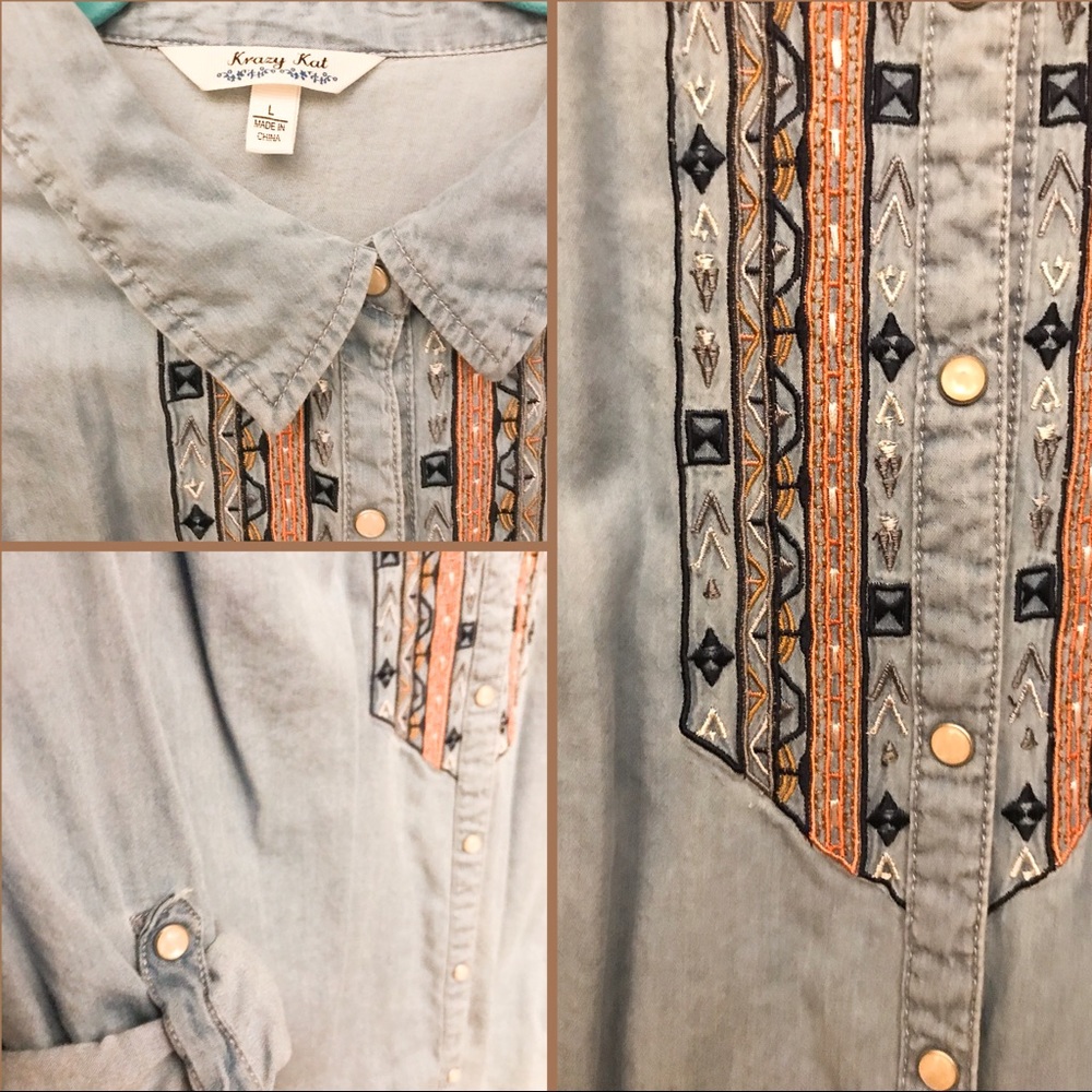 Krazy Kat Boho Embroidered Denim Shirt
